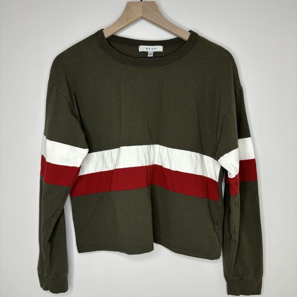 Gaze 90s Y2K Women's Large Striped Top Long Sleeve T-Shirt Cropped Skater Grunge